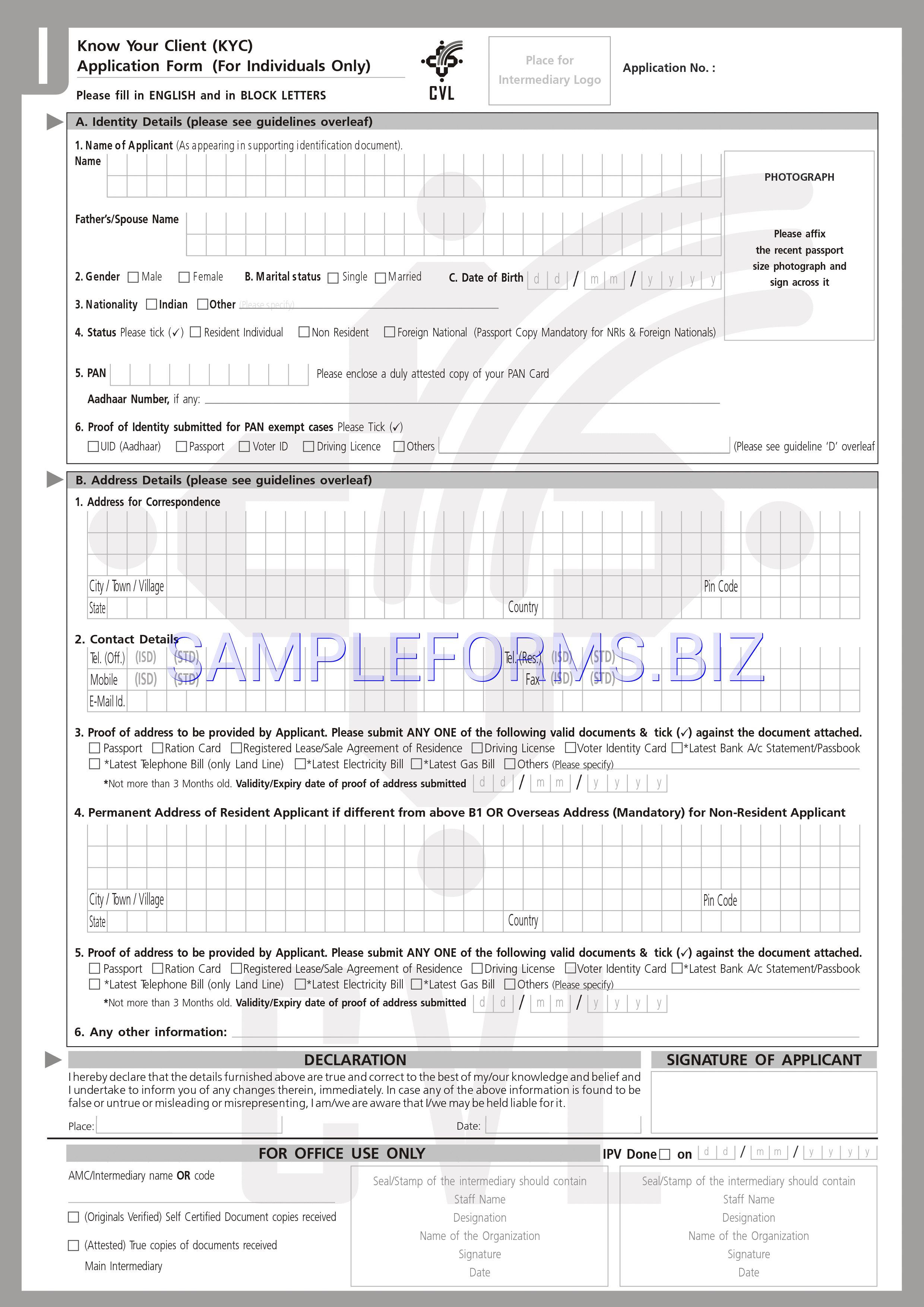 Preview free downloadable KYC Form in PDF (page 1)